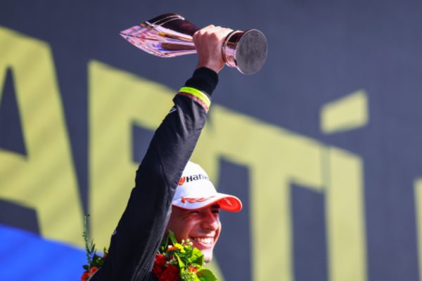 Pepe Martí on the Formula E podium for Cupra Kiro