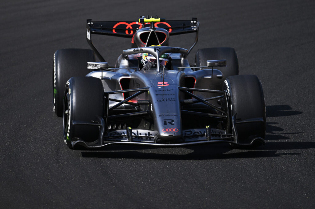 Gabriel Bortoleto on track in the Audi F1 Team car during the 2026 F1 Hungarian GP.