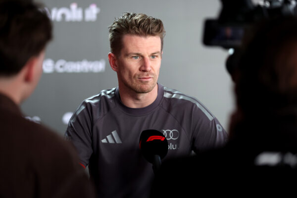Nico Hülkenberg answering questions about Audi's competiveness and reliability in a media session at the 2026 F1 Japanese GP