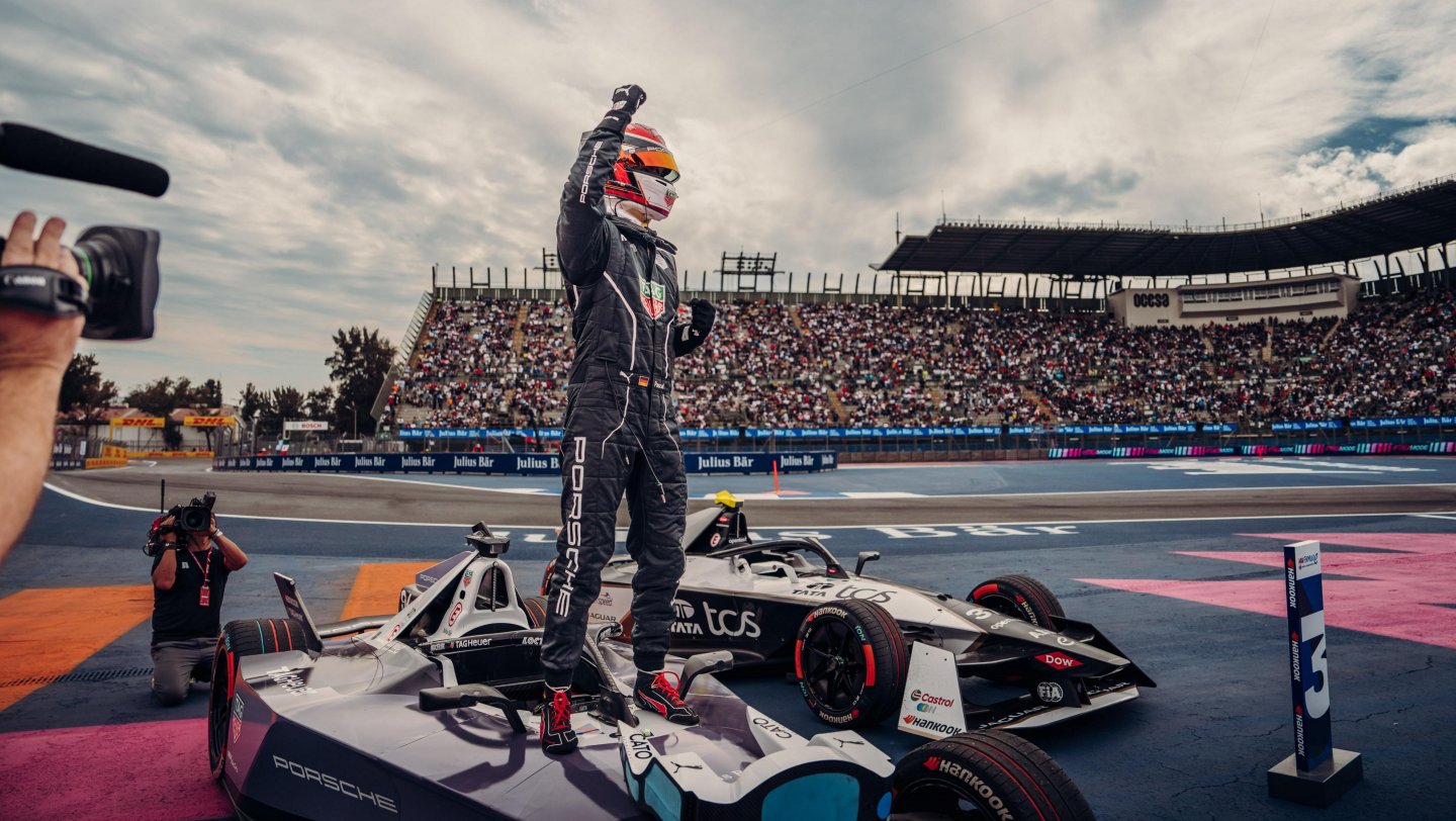 Porsche driver Wehrlein winning the Formula E Mexico City E-Prix