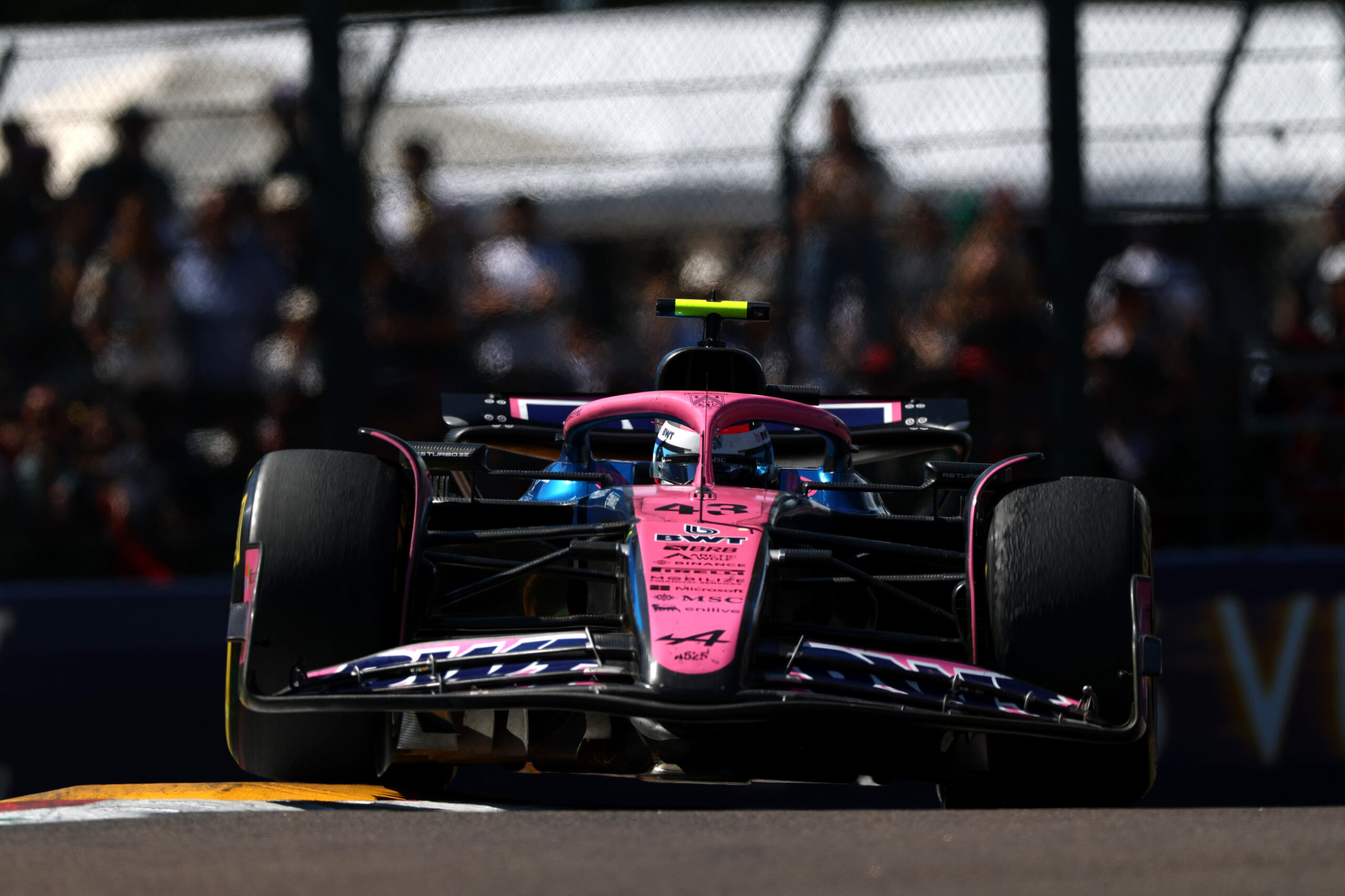 Franco Colapinto on Imola circuit driving during the 2025 Emilia Romagna GP weekend
