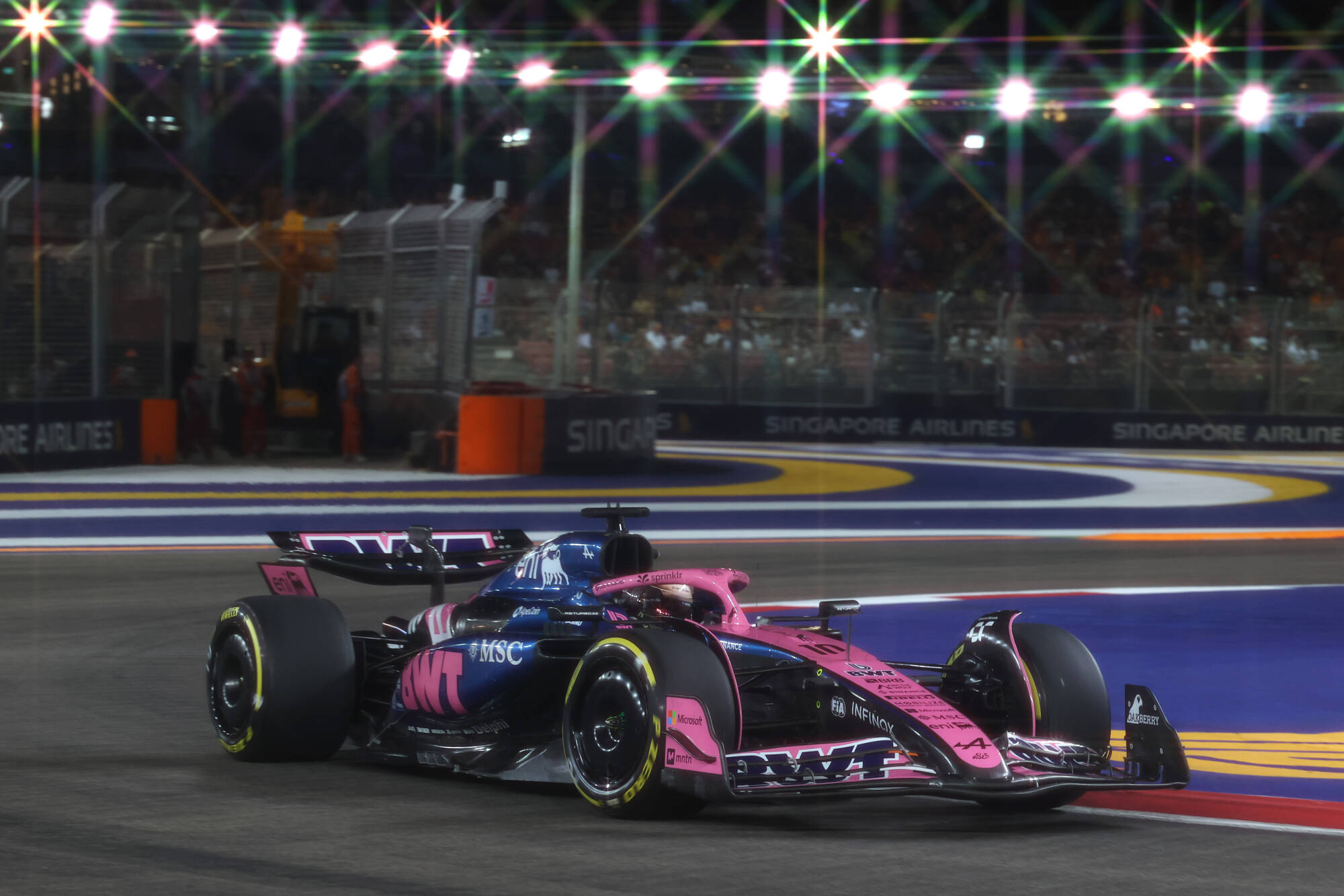 SINGAPORE, SINGAPORE - OCTOBER 03: (EDITORS NOTE: A special effects camera filter was used for this image.) Pierre Gasly of France driving the (10) Alpine F1 A525 Renault on track during practice ahead of the F1 Grand Prix of Singapore at Marina Bay Street Circuit on October 03, 2025 in Singapore, Singapore. (Photo by Steven Tee/LAT Images)