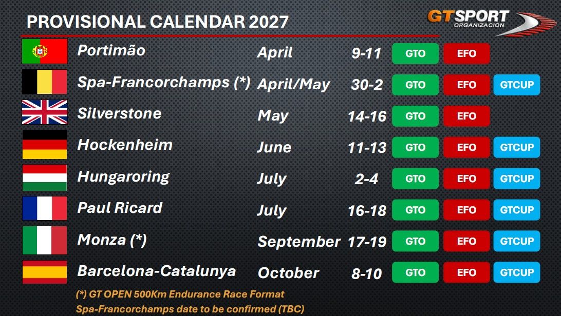 GT Sport announces its provisional 2027 calendars, with Silverstone returning to the GT Open and Euroformula schedules after 2018.