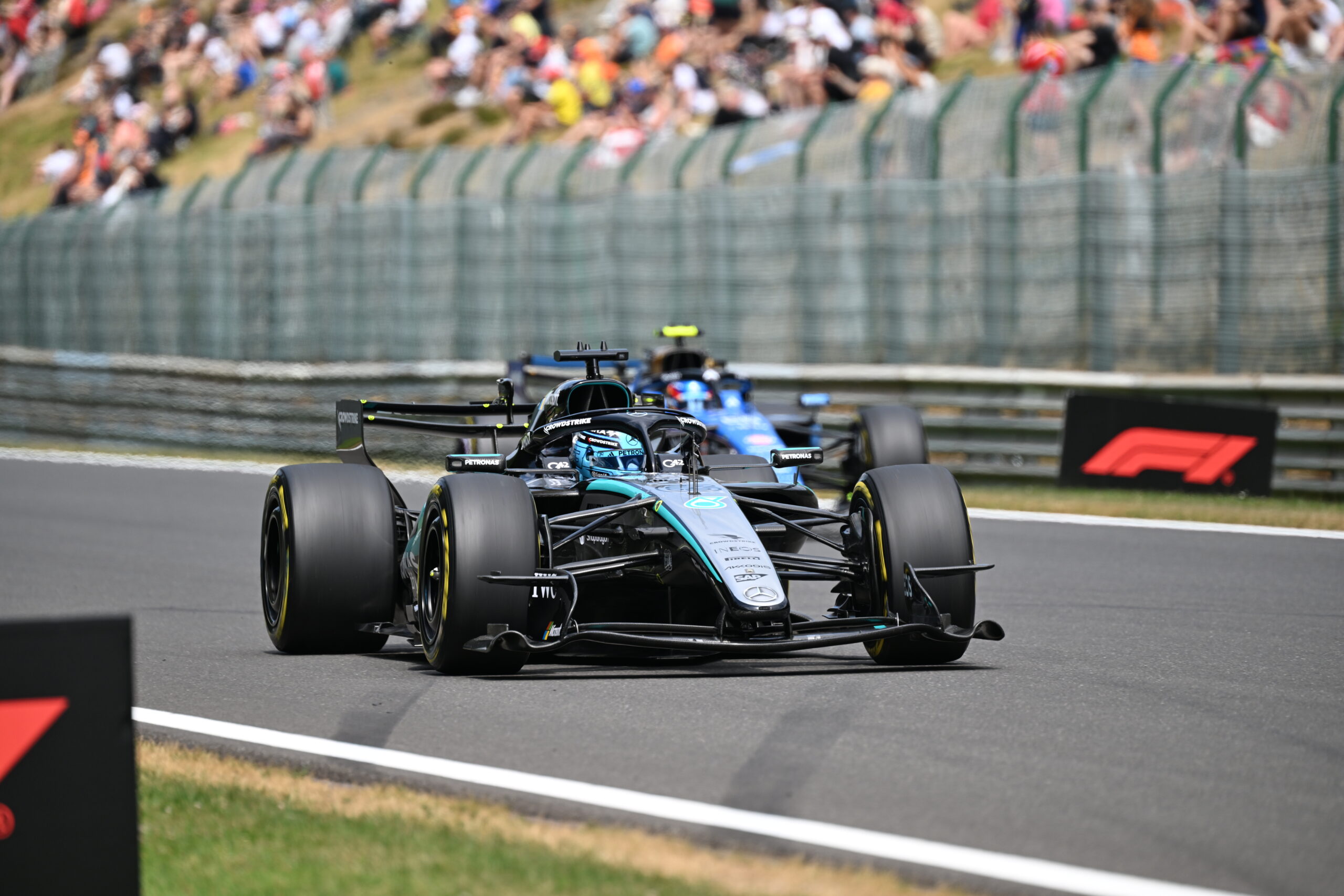 George Russell at the 2026 F1 Belgian GP for Mercedes on Friday, Free Practice