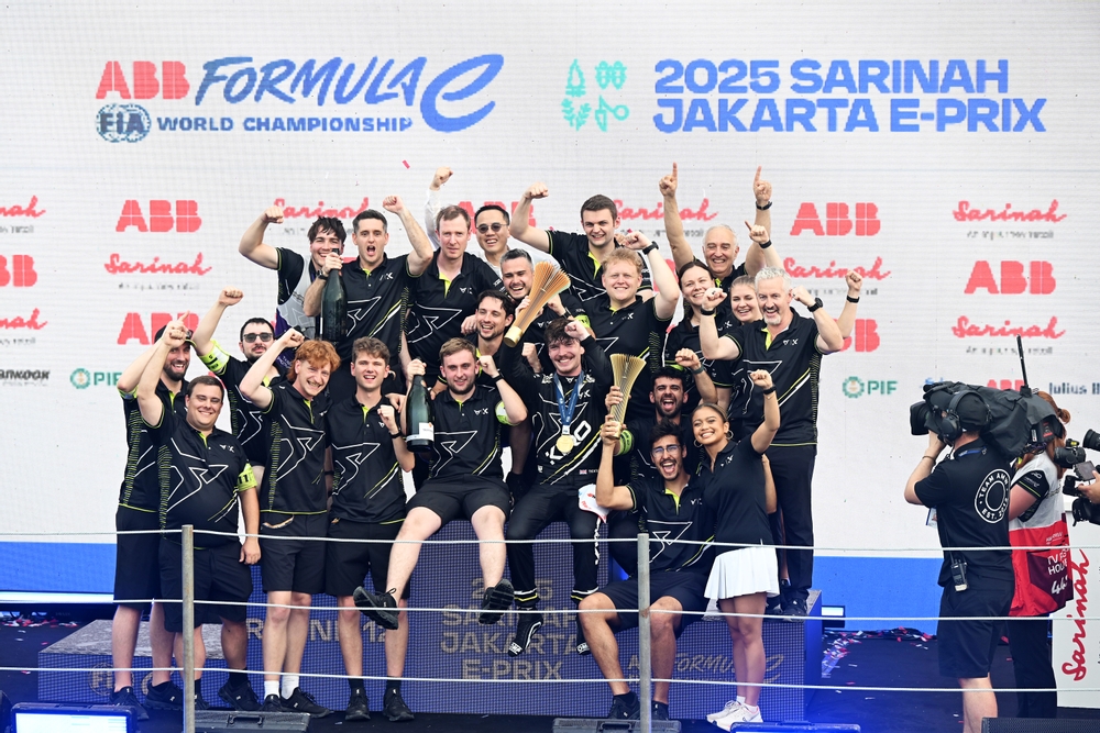 JAKARTA, INDONESIA - JUNE 21: Race winner Dan Ticktum of Great Britain and CUPRA KIRO celebrates with his team on the podium during the Jakarta E-Prix, Round 12 of the 2025 FIA Formula E World Championship at Jakarta International e-Prix Circuit on June 21, 2025 in Jakarta, Indonesia. Ticktum hopes to continue his streak of strong performances at the Formula E Berlin rounds.