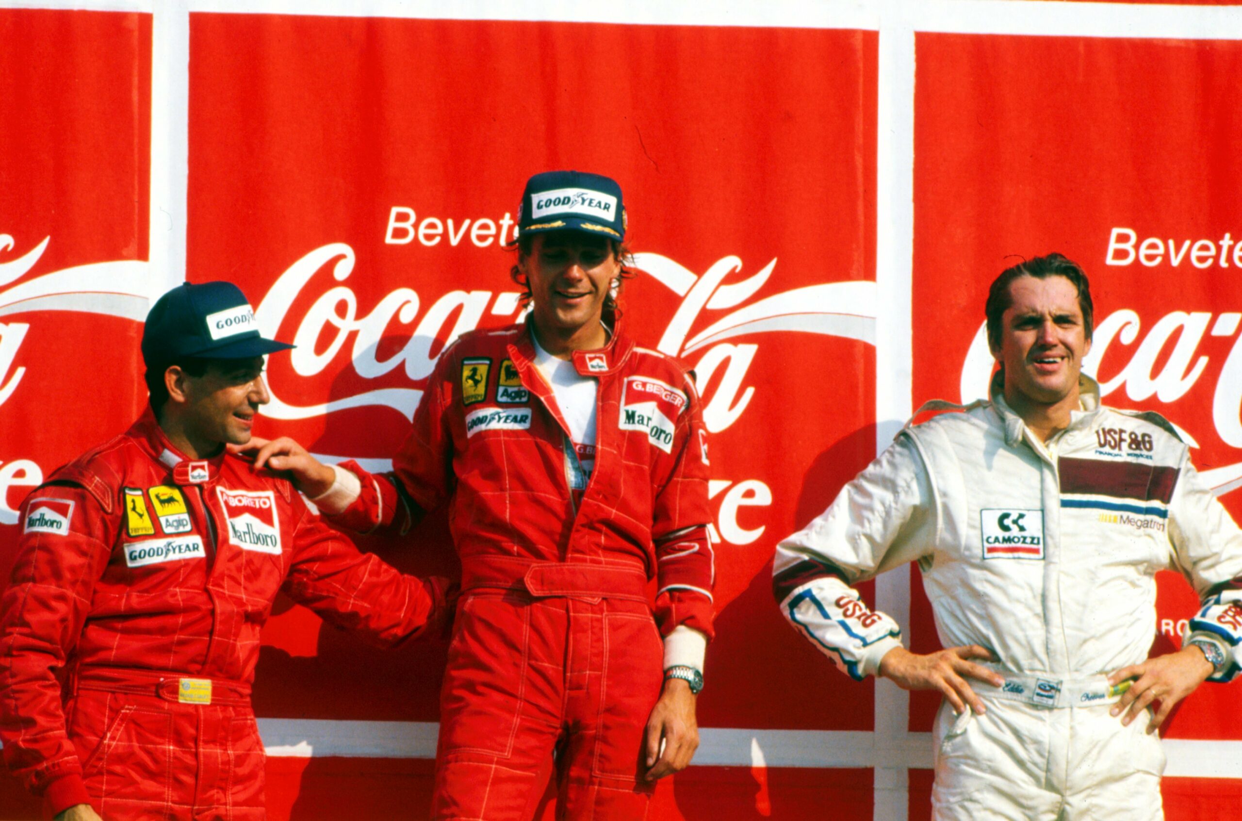 Gerhard Berger celebrates a Ferrari one-two at the 1988 F1 Italian Grand Prix