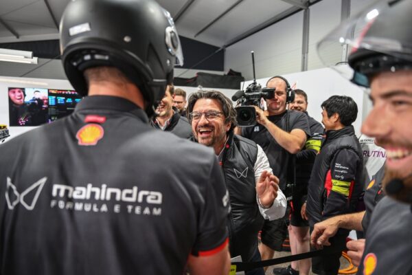 Frederic Bertrand reflects on Mahindra Racing’s podium finish at the Monaco E-Prix Mahindra Racing Team Principal Frederic Bertrand celebrating with team