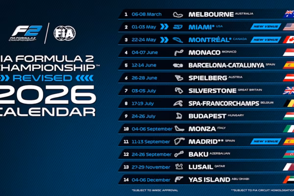 Revised FIA F2 2026 calendar adds Miami and Canadian GP.