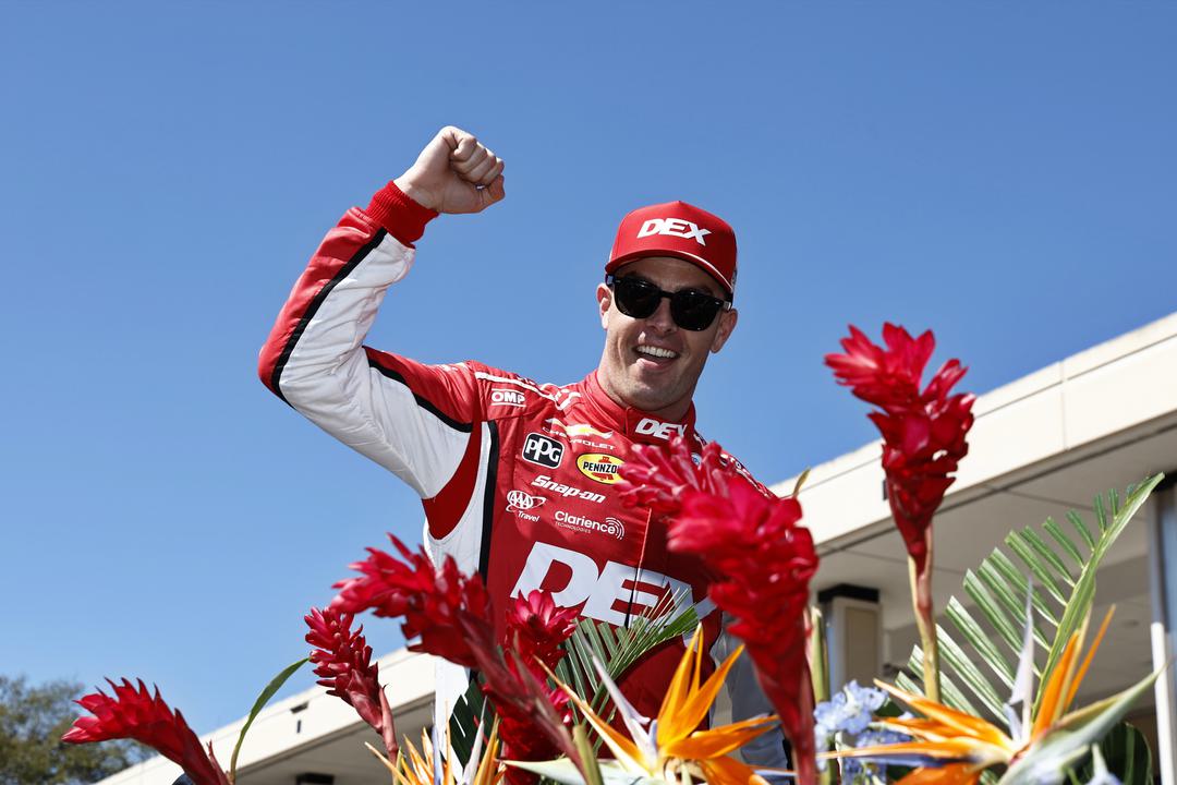 McLaughlin celebrating pole position for the IndyCar race in St. Pete