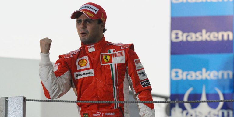 Felipe Massa celebrates in Ferrari race suit