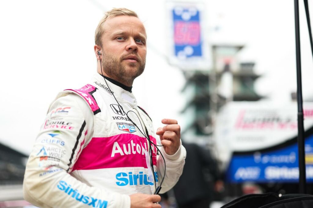 Felix Rosenqvist in the pit lane at Indianapolis Motor Speedway