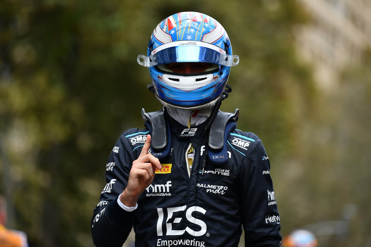 Jak Crawford after taking pole position for the 2025 F2 Azerbaijan GP in Baku.