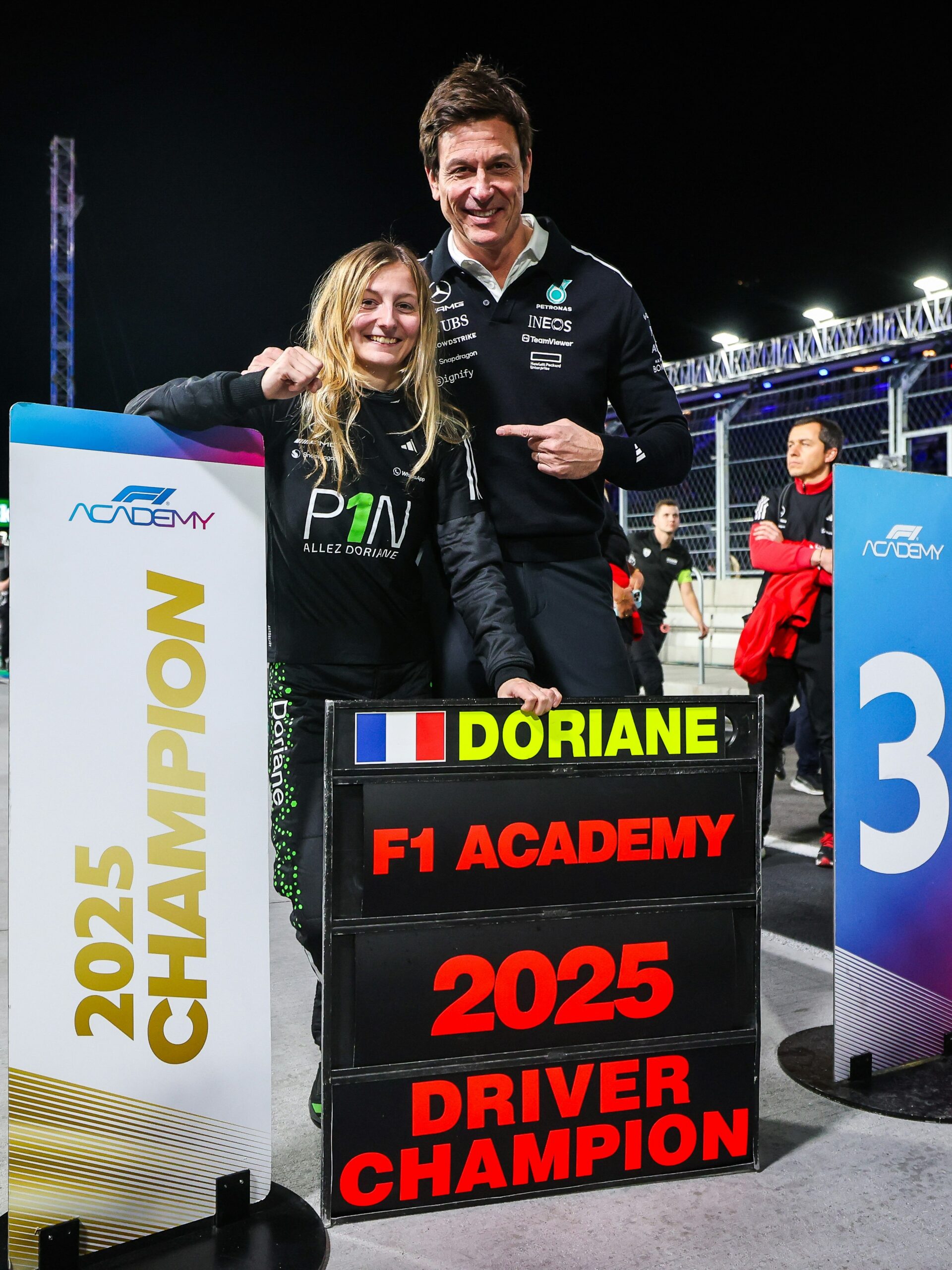 2025 F1 Academy Champion Doriane Pin with Susie Wolff and Toto Wolff