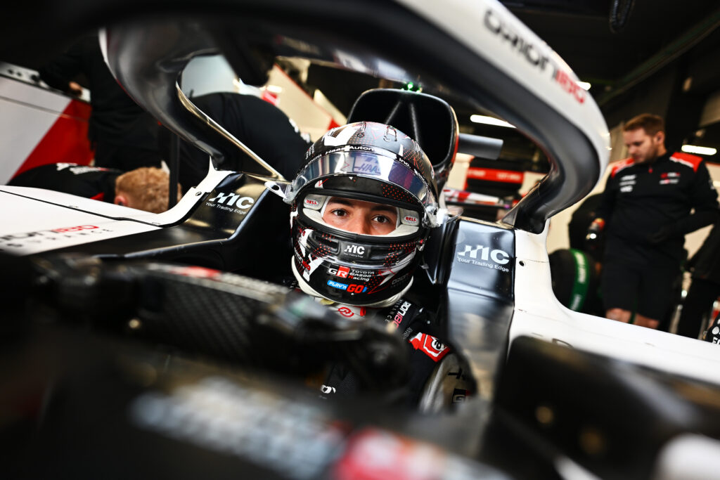 Ollie Bearman in the seat of his Haas VF-26 at F1's 2026 shakedown tests in Barcelona