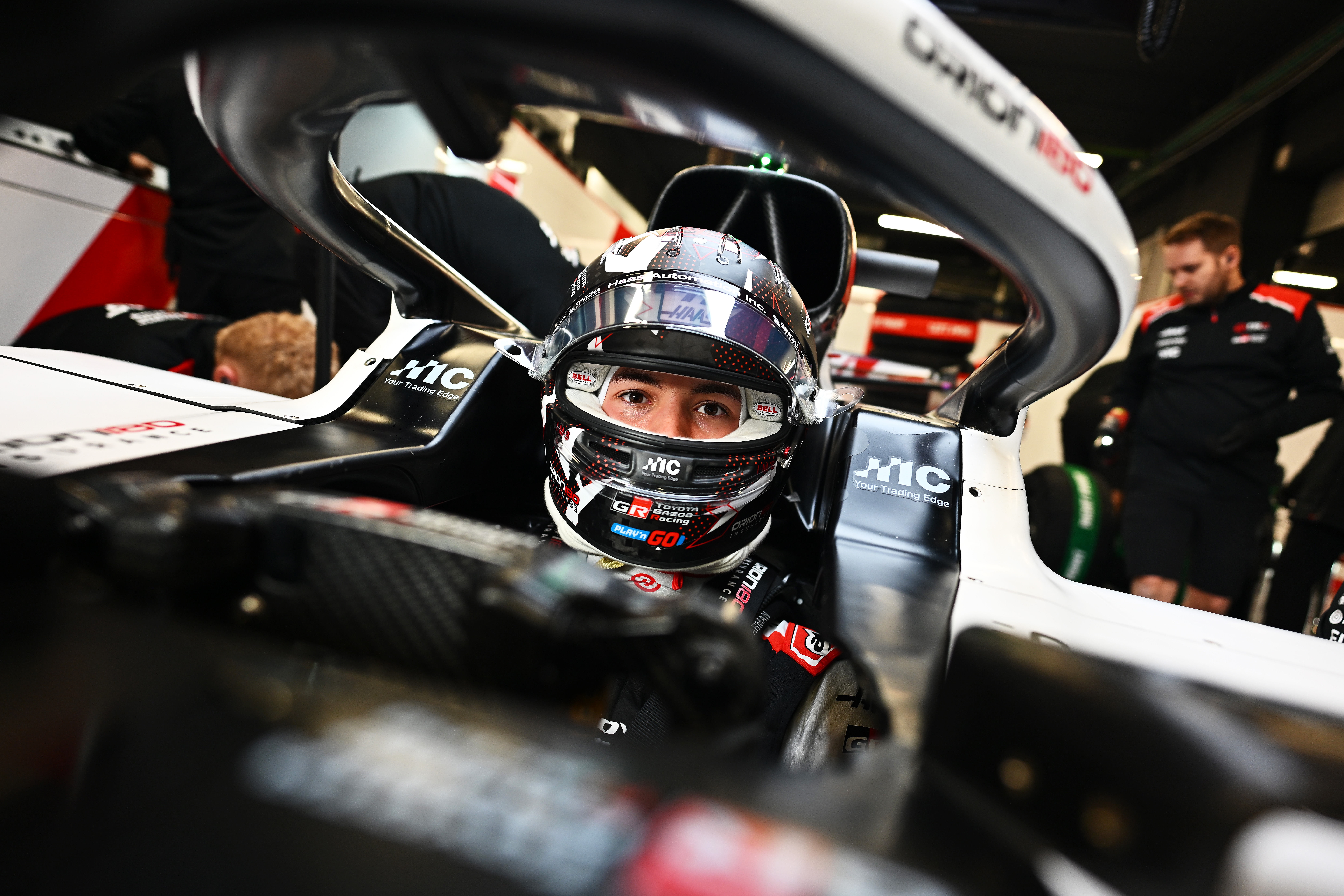 Ollie Bearman in the seat of his Haas VF-26 at F1's 2026 shakedown tests in Barcelona