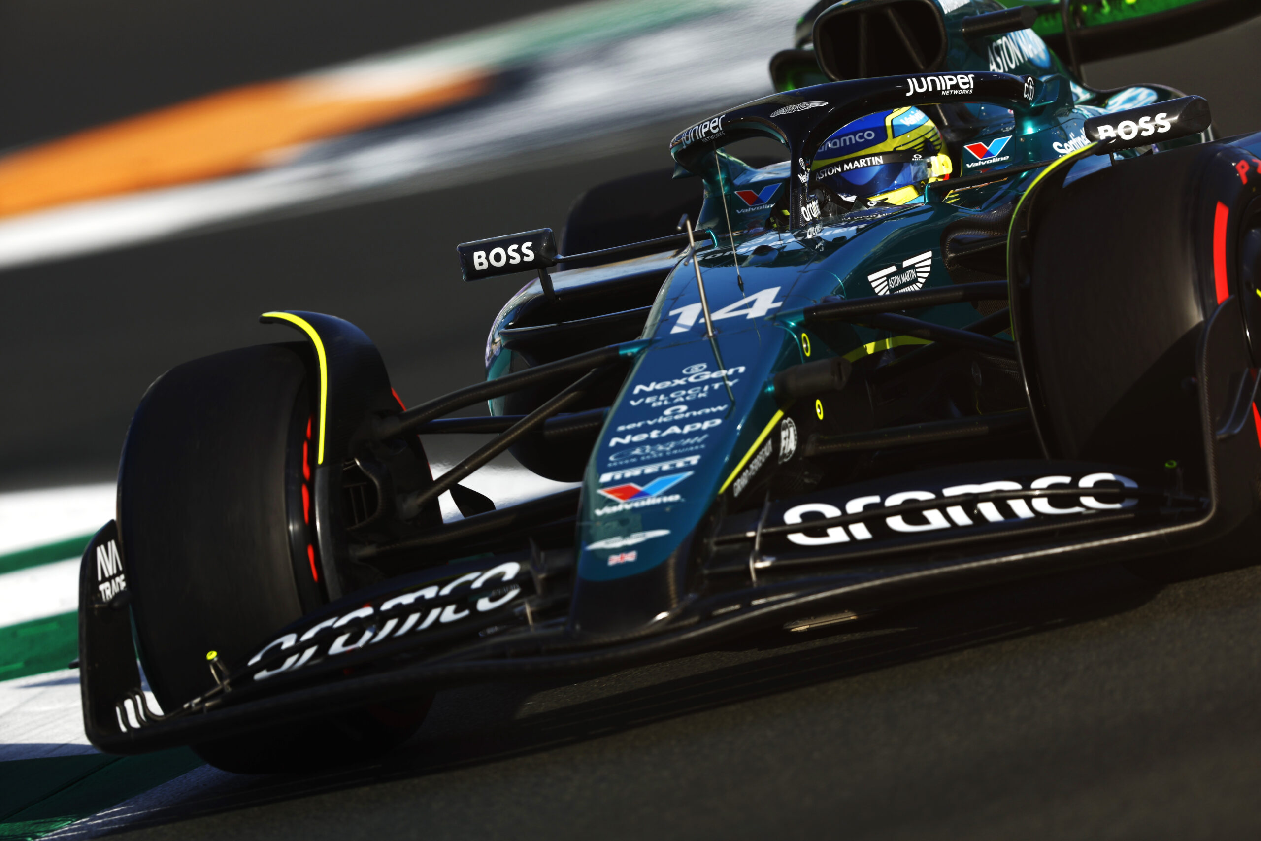 Fernando Alonso driving his Aston Martin in Saudi Arabia