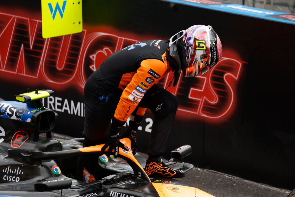 Lando Norris, McLaren F1 Team, arrives in Parc Ferme after Qualifying Oscar Piastri, McLaren F1 Team, celebrates his 23rd birthday