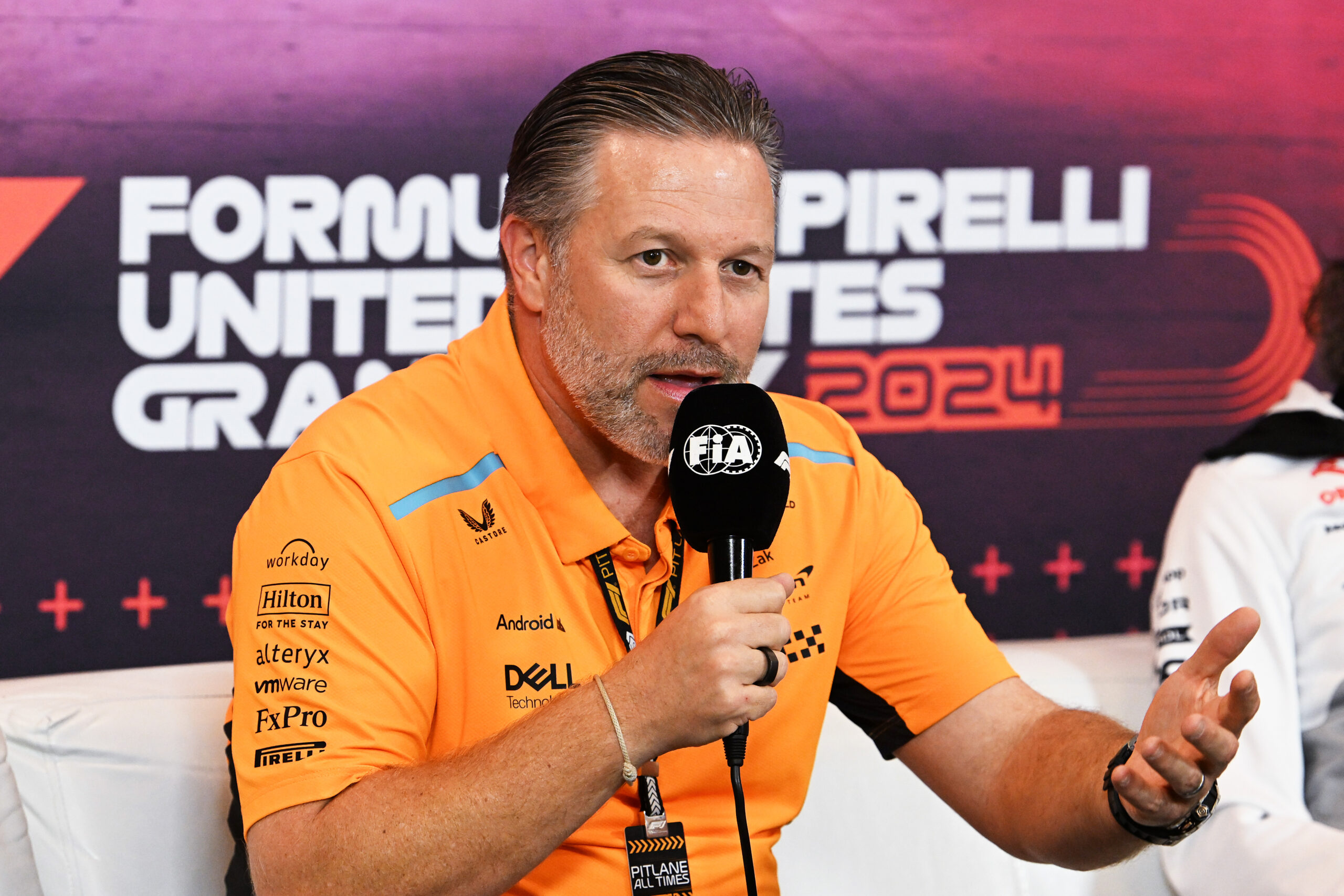 Zak Brown speaks in the McLaren garage ahead of the F1 United States GP, following his confirmation that Lando Norris will face a minor sporting repercussion