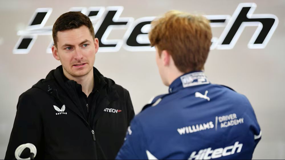 Clive Hatton and Formula 2 driver Luke Browning of Hitech at the 2025 British GP in Silverstone