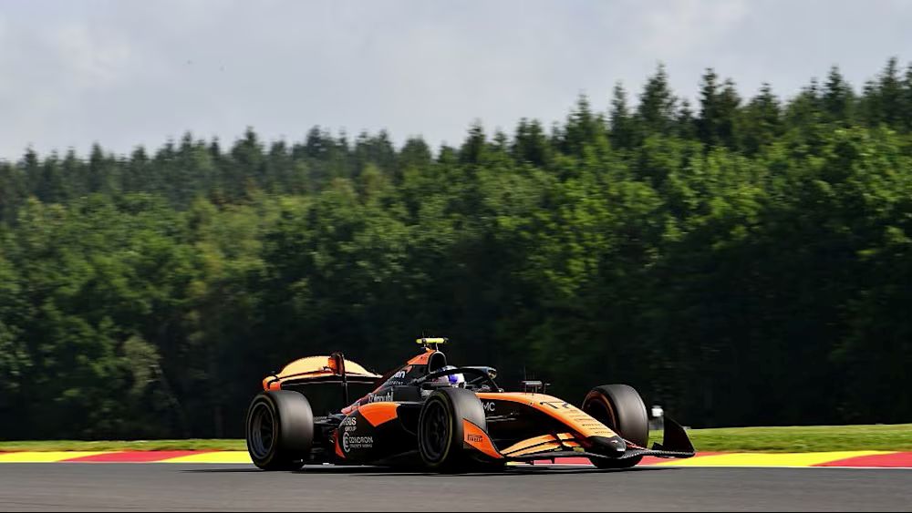 Alex Dunne of Rodin Motorsport competing in F2 at the 2025 Belgian GP