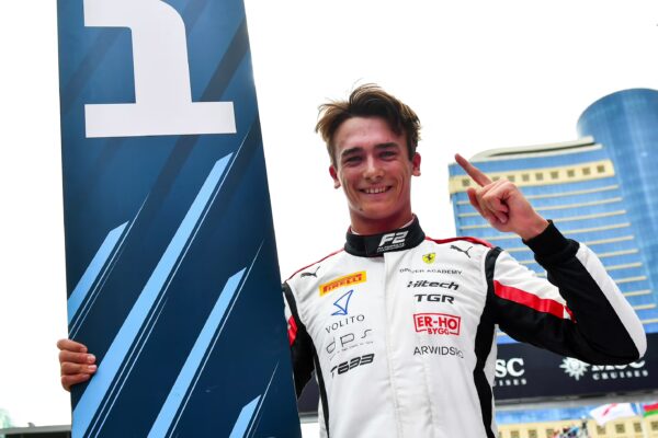 Hitech TGR's Dino Beganovic takes his maiden F2 victory in the Baku Sprint Race