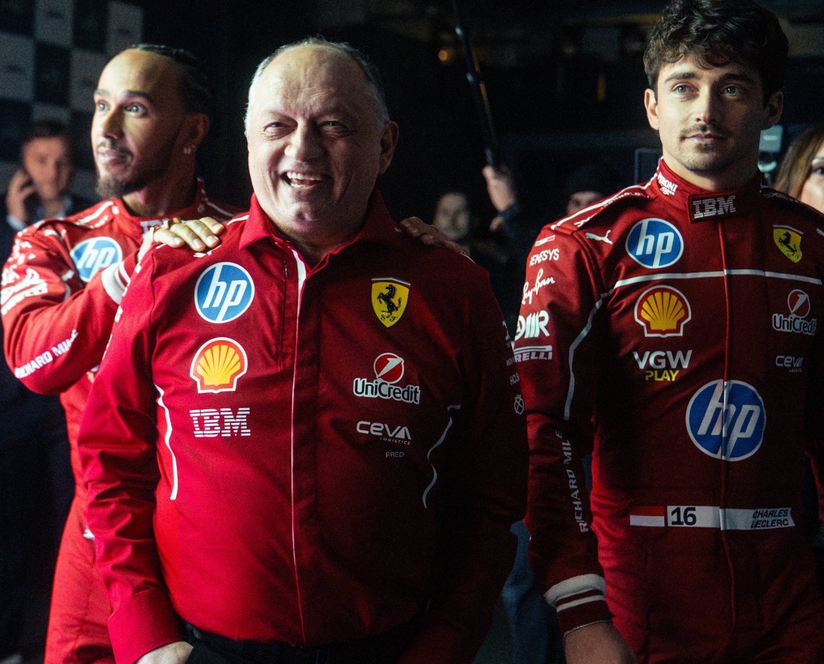 Ferrari team principal Fred Vasseur with drivers Charles Leclerc and Lewis Hamilton backstage during F1 2025 car launch event in London
