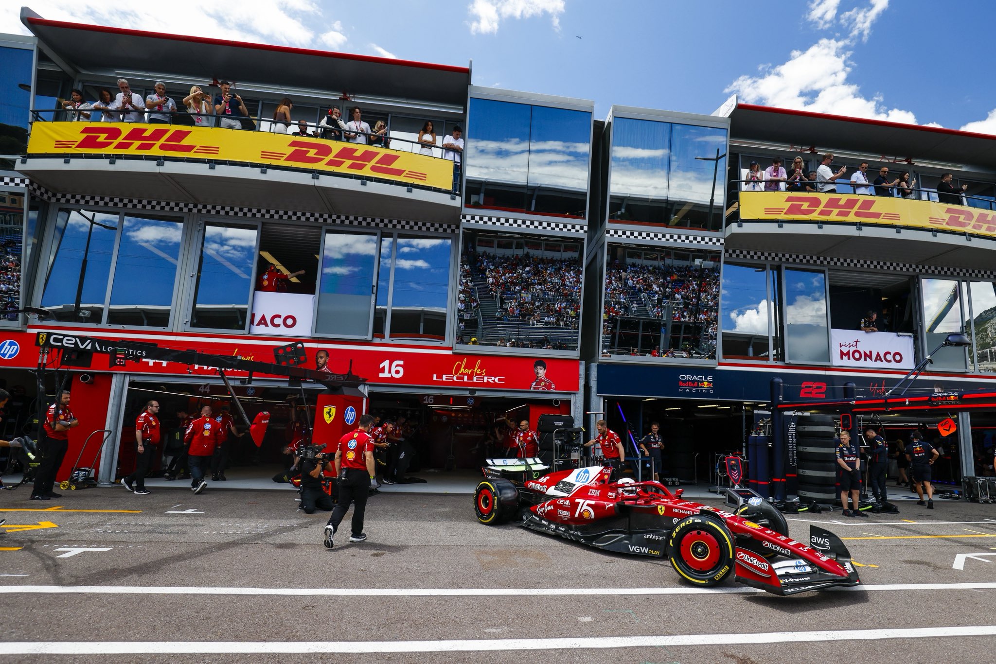 Charles Leclerc exits Ferrari garage during FP2 of F1 Monaco GP 2025