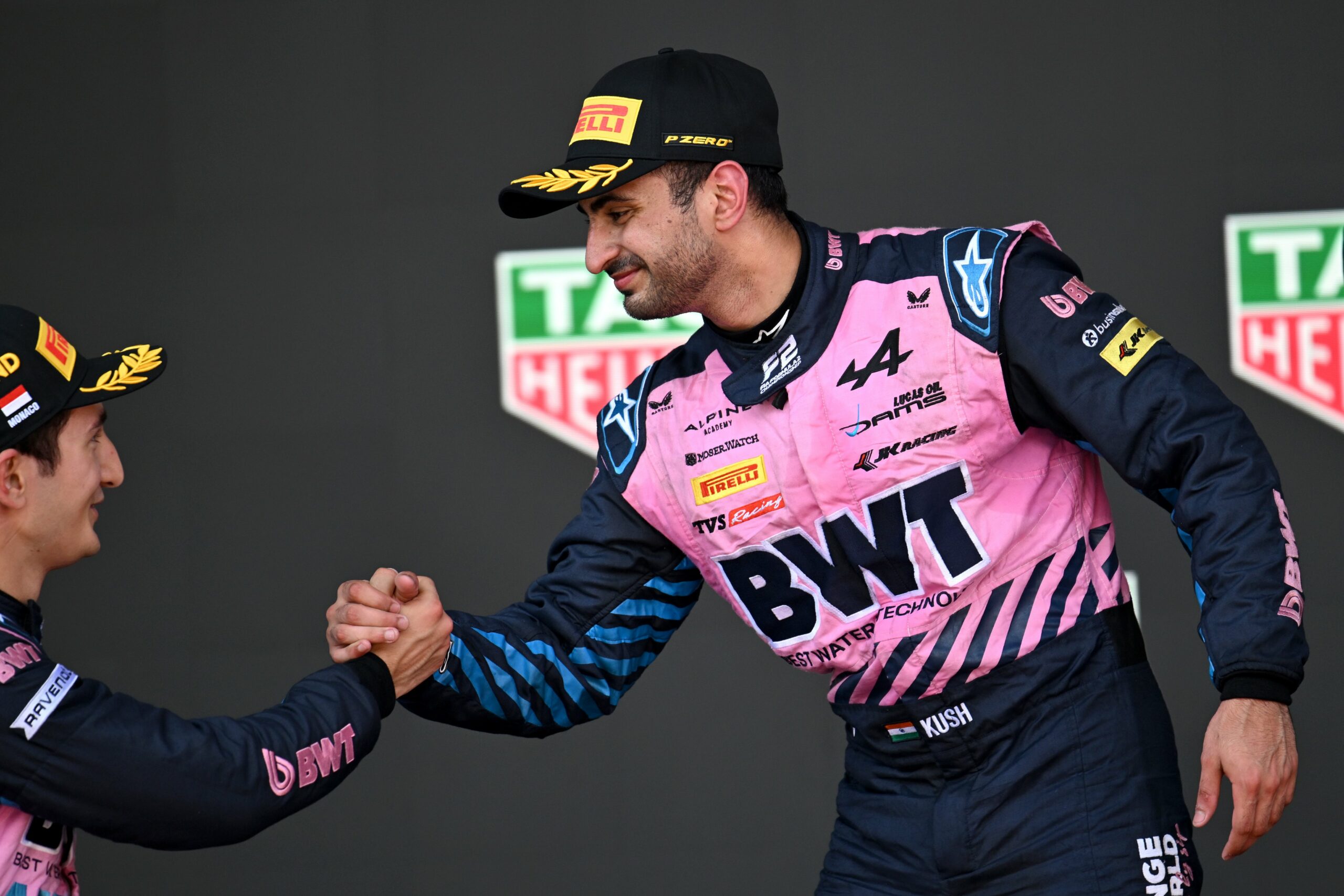 F2 Monaco Sprint winner Kush Maini with his teammate on the podium.