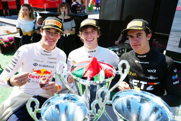 Tsolov, Domingues and Ramos after the F3 Sprint race at the Spanish GP