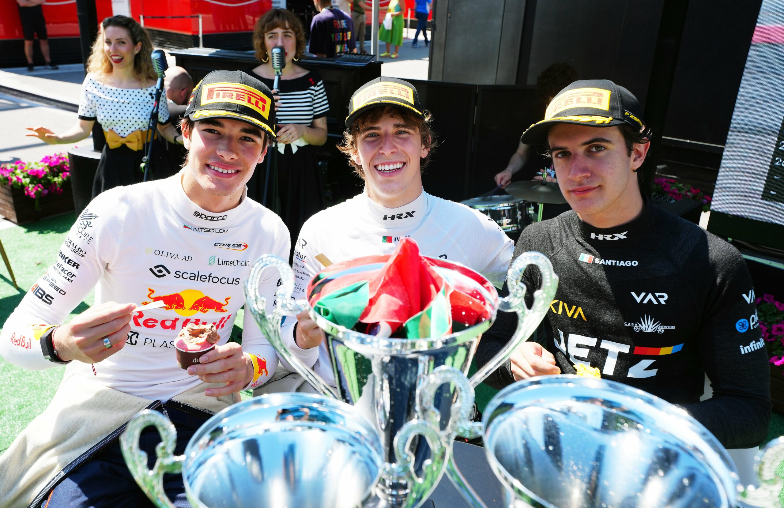 Tsolov, Domingues and Ramos after the F3 Sprint race at the Spanish GP