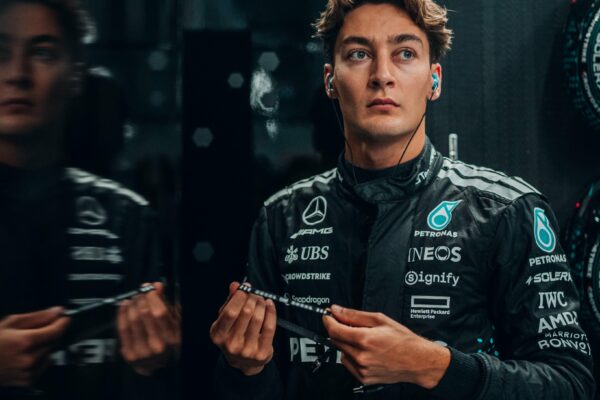 George Russell ahead of FP2 in the Mercedes garage at the F1 Austrian GP
