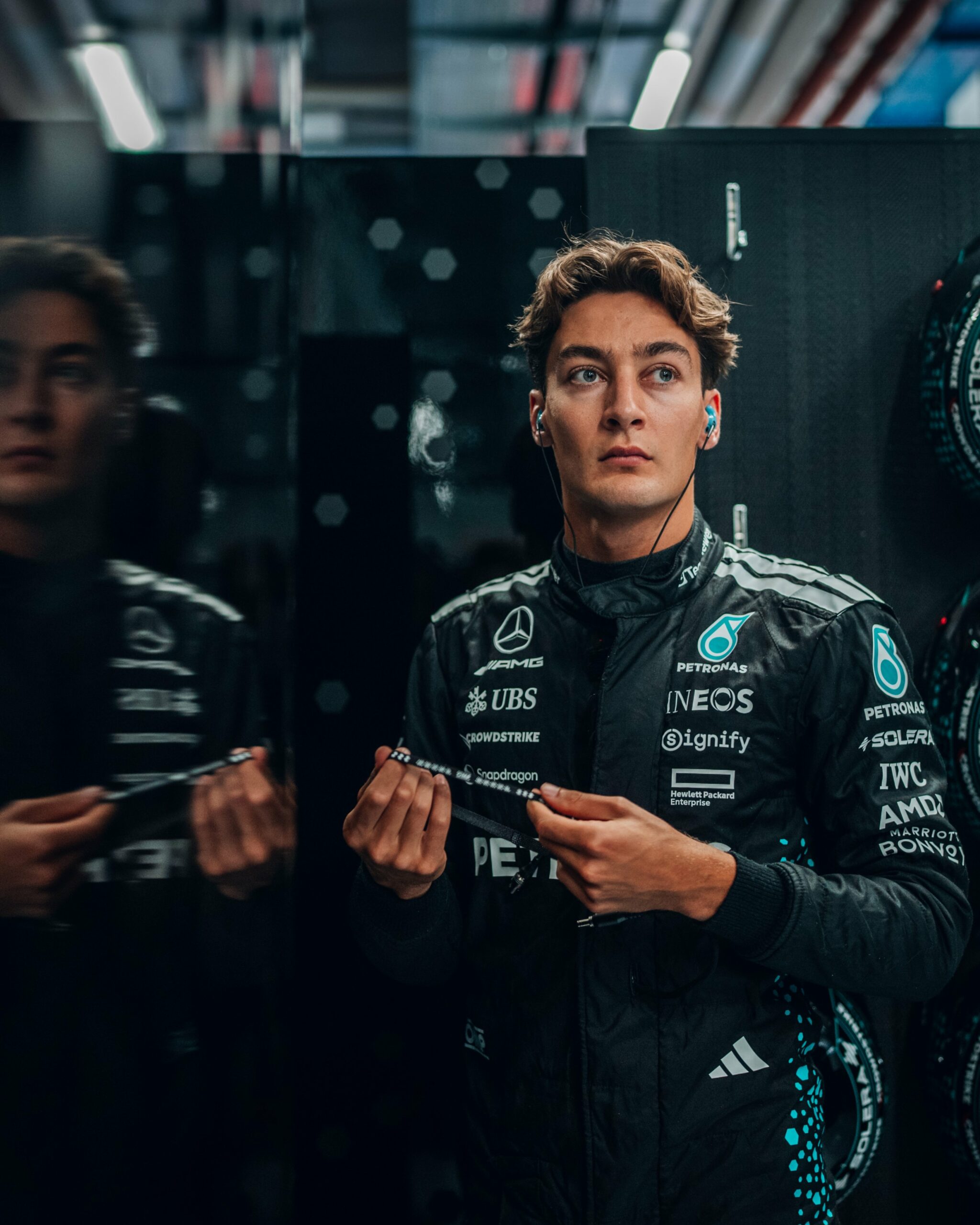 George Russell ahead of FP2 in the Mercedes garage at the F1 Austrian GP