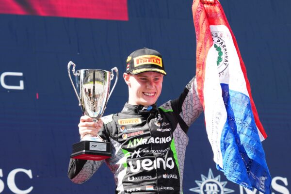 Paraguayan driver, Joshua Dürksen, finishing P2 at the F2 Austrian GP Sprint Race 2025.