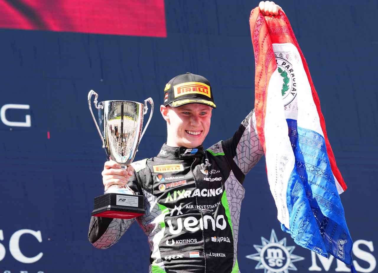 Paraguayan driver, Joshua Dürksen, finishing P2 at the F2 Austrian GP Sprint Race 2025.