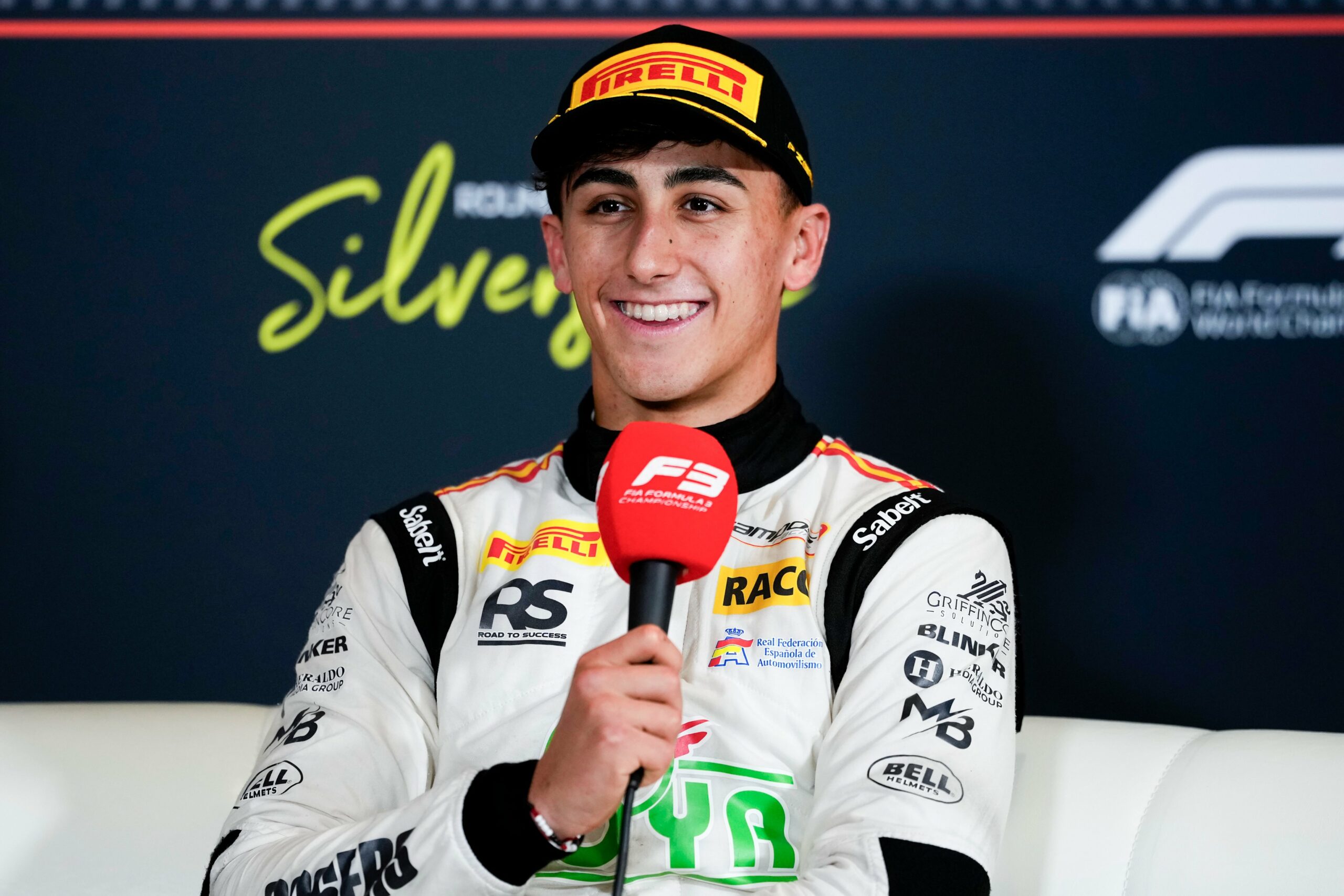 Mari Boya of Campos Racing and the Aston Martin Aramco Driver Academy on P3 finish in the F3 Sprint Race at the 2025 British GP