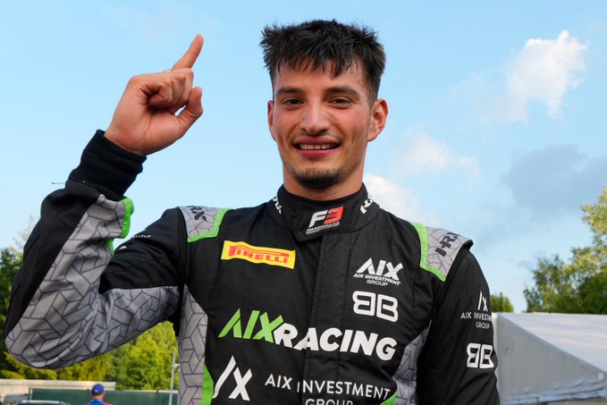 Brad Benavides of AIX Racing celebrates pole at F3 Belgian GP