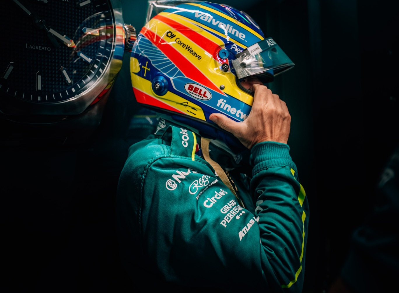 Fernando Alonso in the Aston Martin garage ahead of F1 Dutch GP