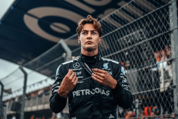 Mercedes F1 driver George Russell on the grid ahead of the F1 Dutch GP 2025