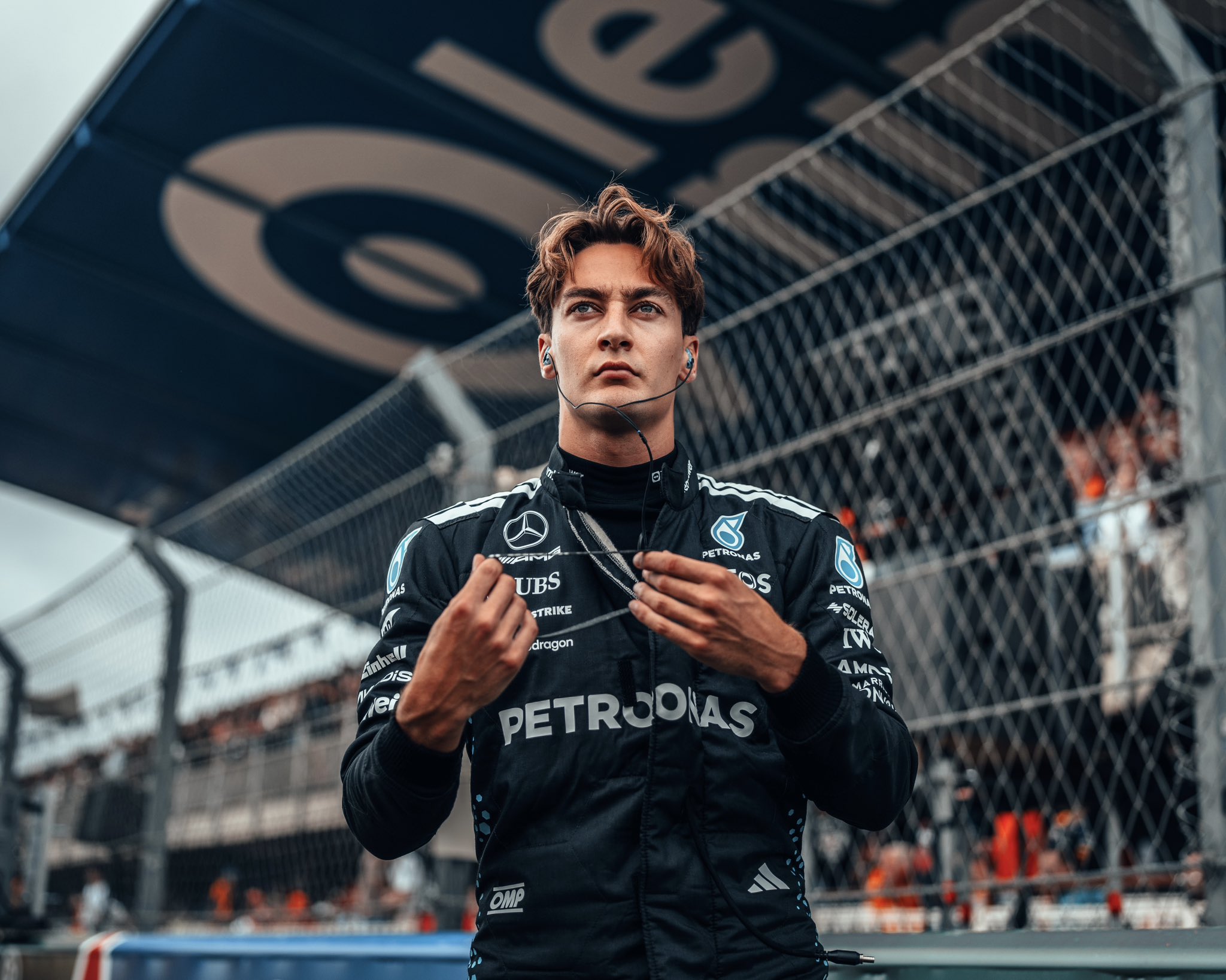 Mercedes F1 driver George Russell on the grid ahead of the F1 Dutch GP 2025