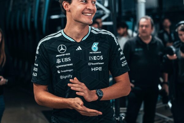 George Russell at the F1 2026 season Mercedes W17 launch in Brackley