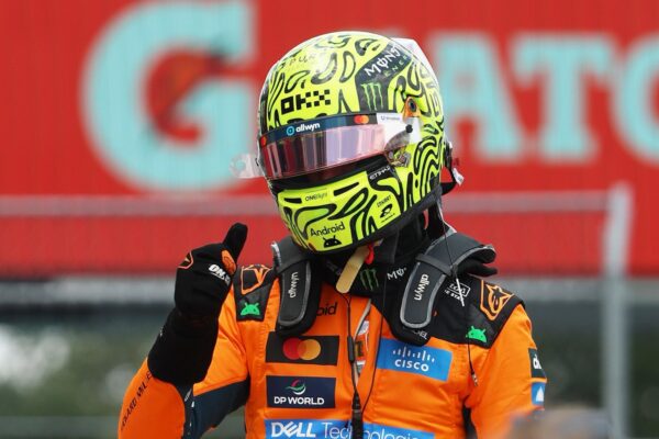 McLaren's Lando Norris celebrates after winning the Sprint for the 2026 F1 Miami GP.
