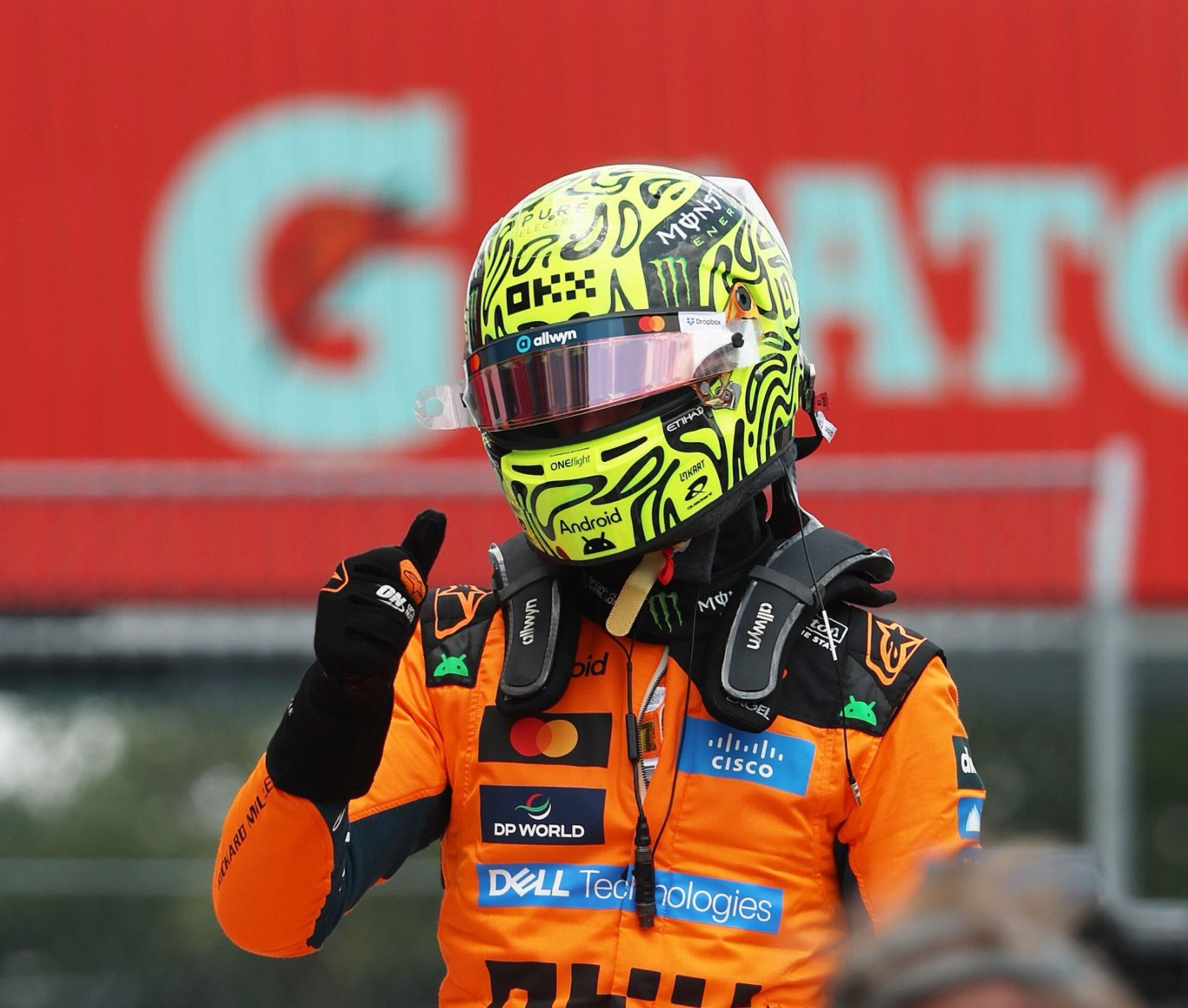 McLaren's Lando Norris celebrates after winning the Sprint for the 2026 F1 Miami GP.