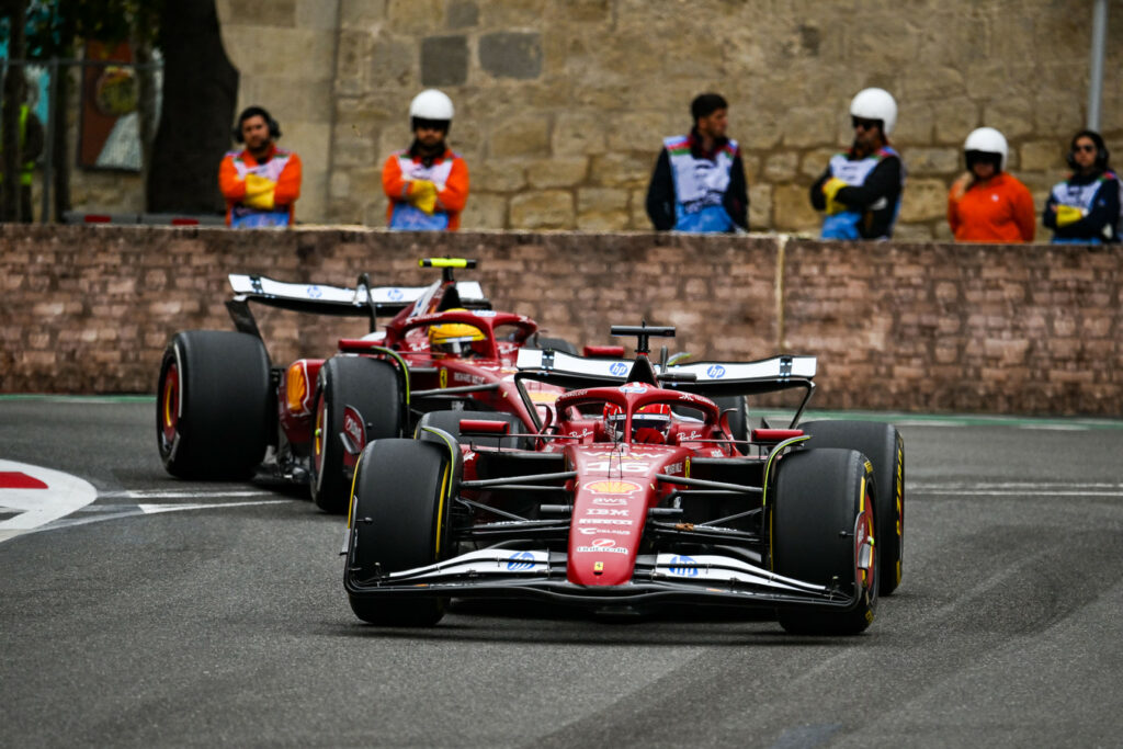 Hamilton chases down Leclerc in Baku during the 2025 Azerbaijan GP