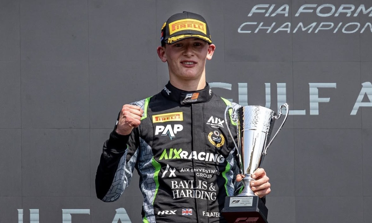 Freddie Slater on the podium at the F3 Bahrain GP
