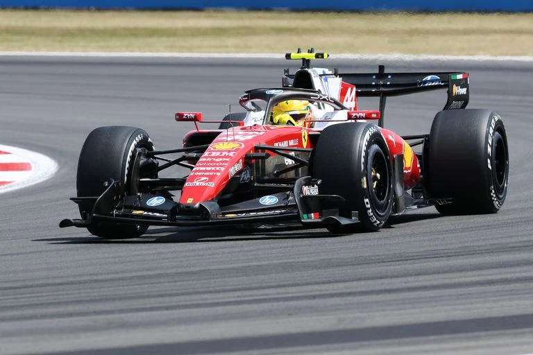 Ferrari's Lewis Hamilton on track at Silverstone Circuit, where he came in 3rd in qualifying for the 2026 British GP