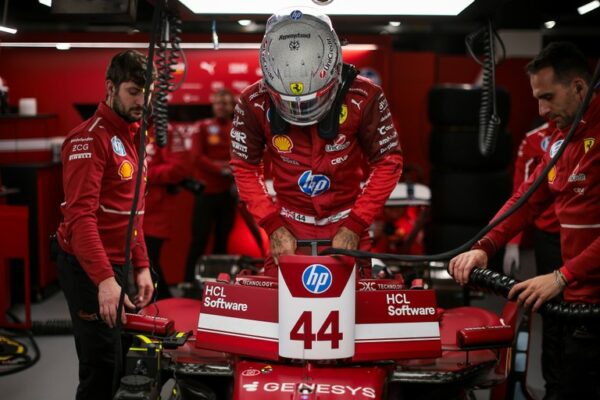 Lewis Hamilton in Ferrari garage after F1 Las Vegas Qualifying