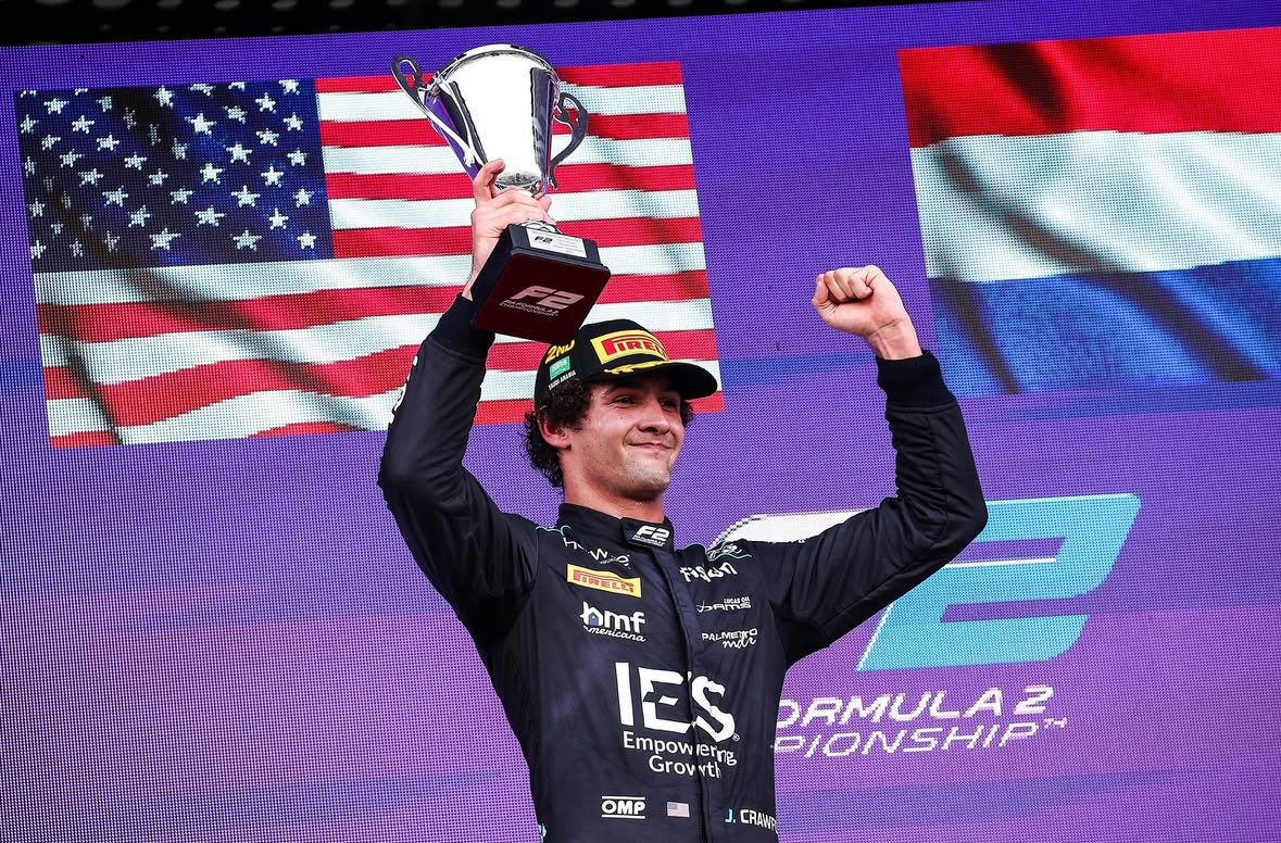 DAMS' Jak Crawford on the Feature Race podium following F2 Saudi Arabian GP.