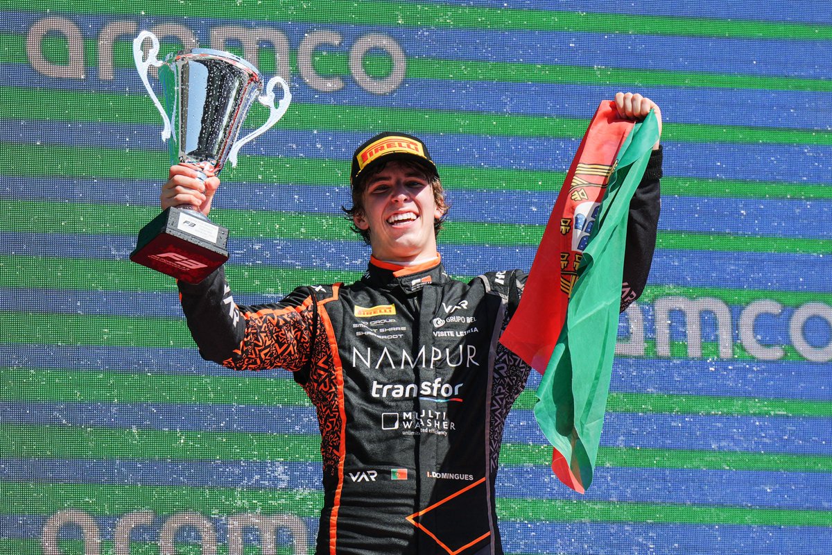 Van Amersfoort Racing's Ivan Domingues on the podium after his Sprint Race win at F3 Spanish GP.