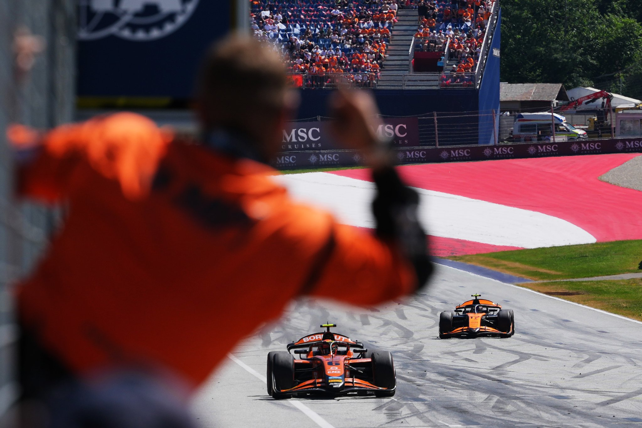 MP Motorsport's Richard Verschoor crossing the line to secure Feature Race win at F2 Austrian GP