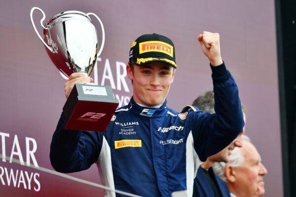 Hitech TGR's Luke Browning on the podium during the F2 British GP.
